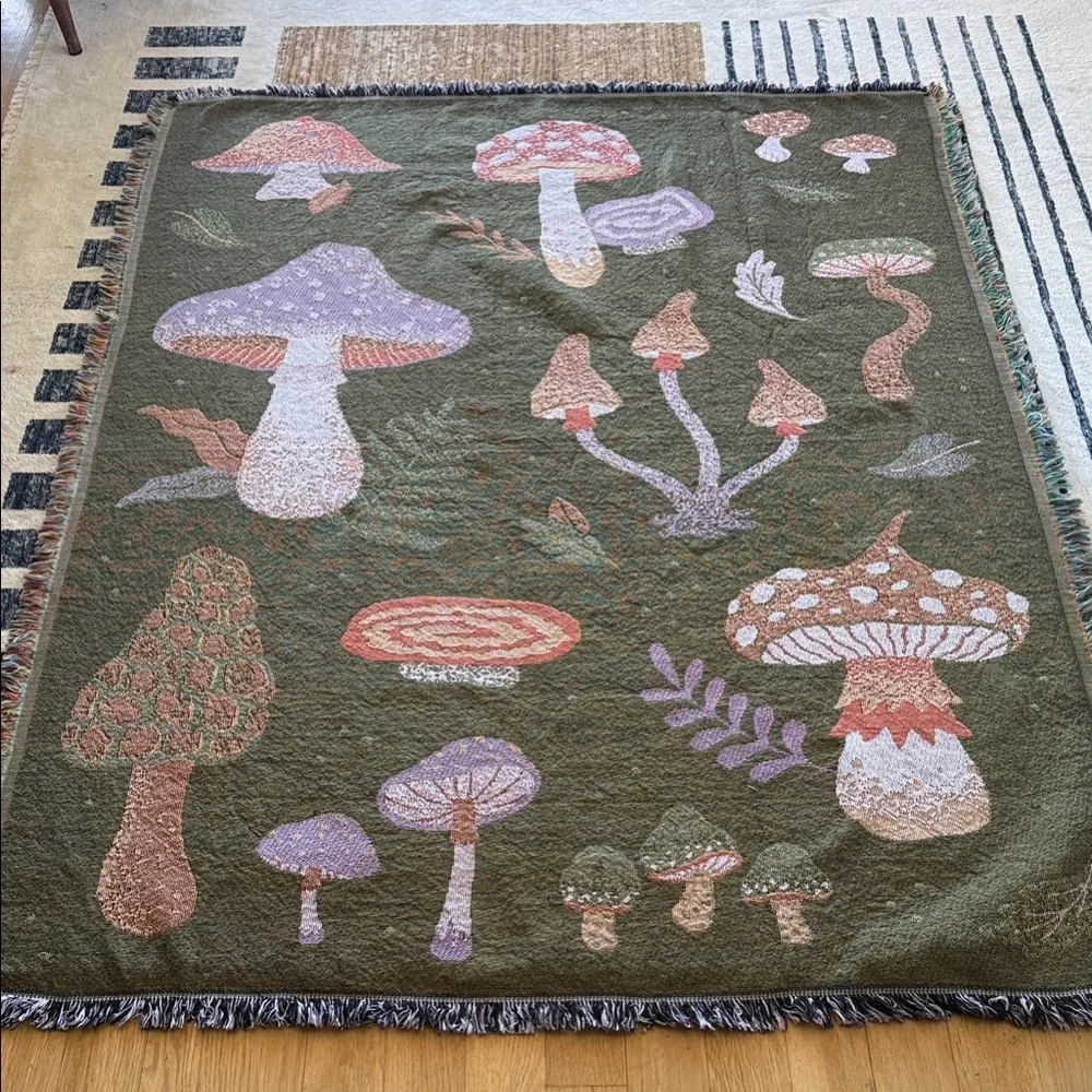 Mushroom Blanket or Tapestry Wall Hanging - Green with Pink & Purple Accents